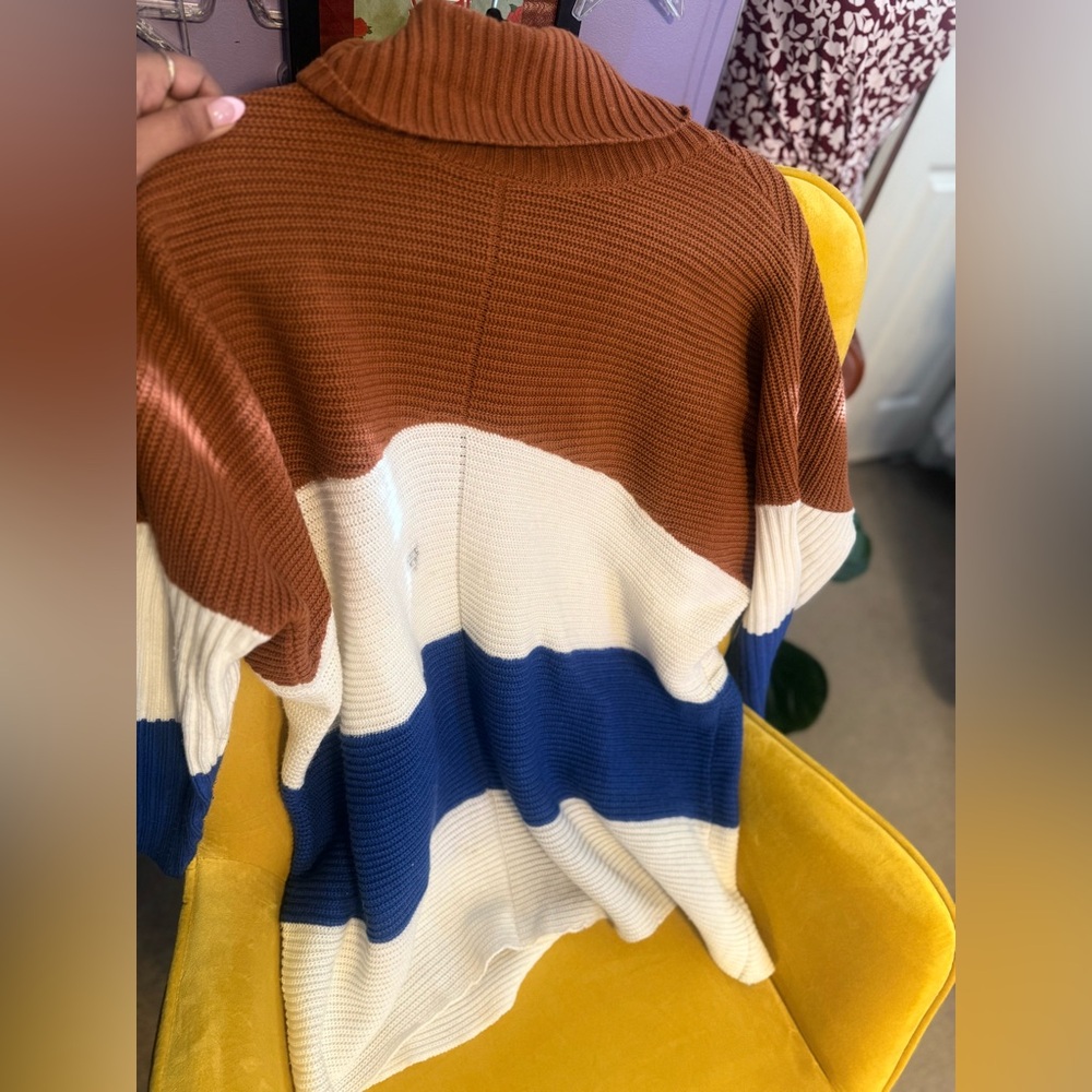 Chicwish Brown, White, and Blue Colorblock Turtleneck Sweater